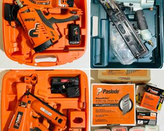 Paslode CF325Li 30 Degree Cordless Framing Nailer with case. Paslode IM250A Cordless 16 Gauge Angled Finishing Nailer with carrying case and accessories like a charger and fuel cells.
Metabo HPT NT65MA4M 15-Gauge Angled Finish Nailer, formerly known as Hitachi.