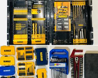 DEWALT FlexTorq 100-Piece Impact Driver Bit Set and a DeWalt DW2163 37-Piece Screwdriving Set all housed in a durable ToughCase. Lastly, a Kobalt 20-Piece Standard (SAE) and Metric Ratchet Wrench Set.