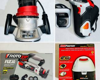 Craftsman 1 1/2 HP Router, Black & Decker VPX1101 Cordless Drill/Driver with charger and a case. Bosch RotoZip RZ10 Spiral Saw System. Craftsman 1 1/2 HP Router, Model No. 315.175040.