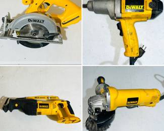DeWalt 18V XRP 6-1/2 inch Cordless Circular Saw, model DC390. DeWalt DW292 1/2-inch Corded Electric Impact Wrench with Detent Pin Anvil. DEWALT reciprocating saw, and a DeWalt 4.5-inch small angle grinder.