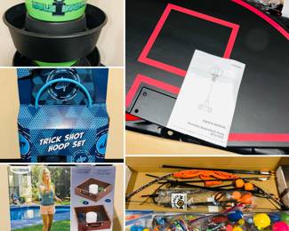 BULZiBUCKET game, Dude Perfect Trick Shot Hoop Set, Wild Sports Washer Toss Game, portable basketball hoop, and archery set