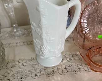 MILK GLASS GRAPE PATTERN PITCHER