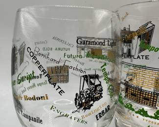 A huge assortment of mid century barware and glassware featuring typographer's fonts