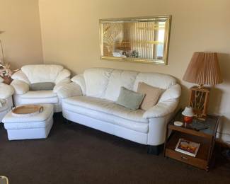 Vintage white leather sofa, chair and ottoman