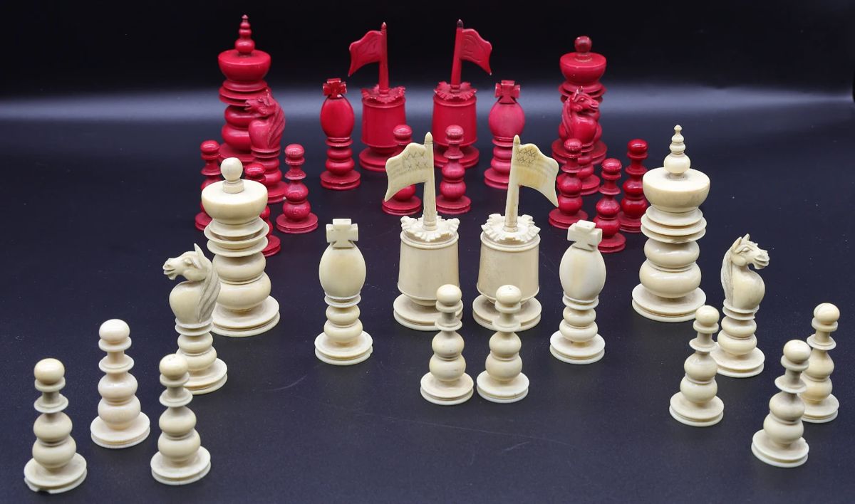 19th Century Bone Complete Chess Set Pieces -shippable