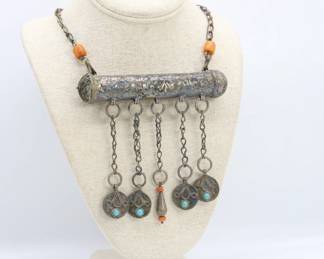 Vintage Lucky Silver Amulet Case With Beautiful Turquoise And Coral-SHIPPABLE