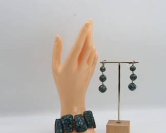 Vintage 1930's Turquoise Inlay Bracelet And Earrings- Shippable