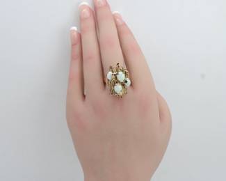 14 K Yellow GOLD Vintage Ring With Opals And Rubies - Shippable
