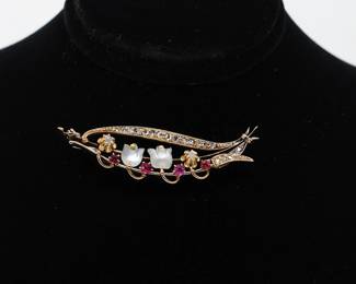 14k Yellow GOLD Diamond, Moonstone, and Rubies Brooch/pin- Shippable
