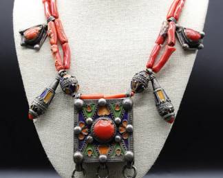 Kabyle Coral And Enamel Silver Necklace- Shippable