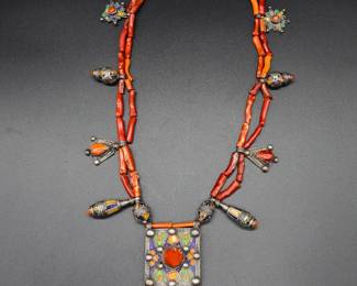 Kabyle Coral And Enamel Silver Necklace- Shippable