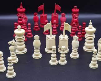 19th Century Bone Complete Chess Set Pieces -shippable