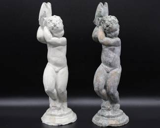 Antique Pair Of Sculptures Depicting Cherubs Holding A Fish By L. Slobodkin Shippable