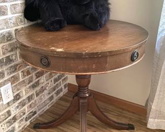 Round Antique Table & Stuffed Toy Gorilla