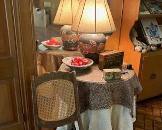 Folding cane rocker, lovely lamp, vintage Enid Collins box purse