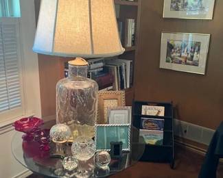 Nice side table, lamp, crystal