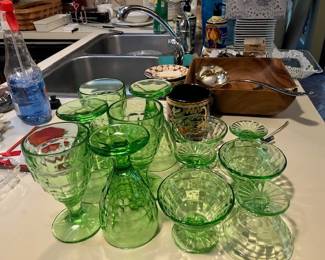 Depression glass sherbets/water, green block optic