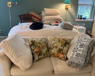 Queen bed, love seat, linens and pillows
