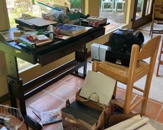 Desk, office equipment, bar stool