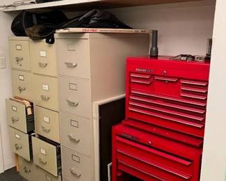 Rollaway tool chest, file cabinets, luggage