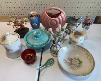 Many collectible items; McCoy, Hull, Lenox, Fostoria, Lusterware, and more.