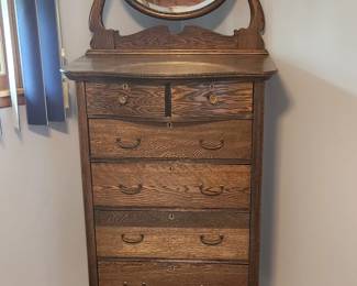 Antique highboy chest of drawers with mirror