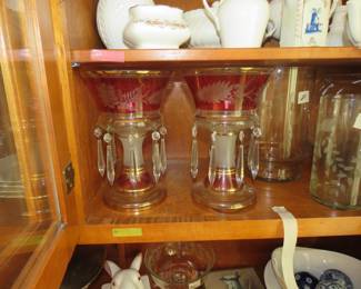 Victorian Era Cranberry Glass Lusters with Glass Prisms