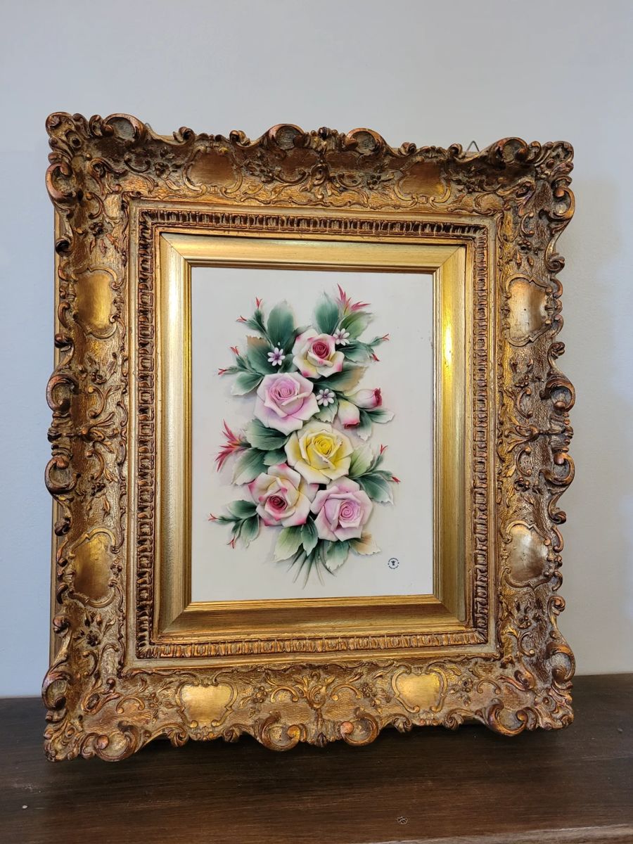 Large Capodimonte Porcelain Gilt Framed Art Italy - 27.5" x 24"
