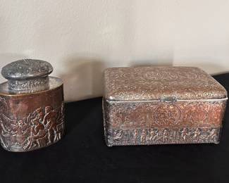 Antique E.G Webster & Sons silver over copper repousse cigar box, and tea caddy