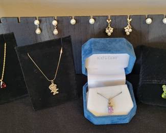 14k pearl earrings, 14k vintage Strawberry Shortcake 1980s necklace, garnet, peridot and more