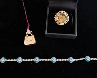 18k diamond enamel eye tennis bracelet, 18k diamond purse locket pendant, Isle of man Persian cat gold coin ring