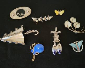 Sterling silver enamel brooches and more