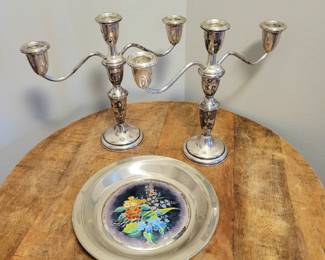 Sterling candelabras and sterling enamel plate