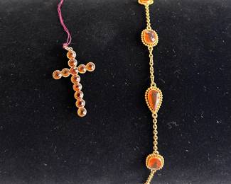 14k Fire opal gold bracelet, Citrine cross pendant