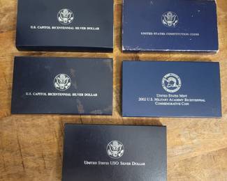 U.S. Capitol Bicentennial Silver Dollars, USO Silver Dollar, U.S. Constitution Coins, U.S. Mint 2002 Military Academy Bicentennial.
