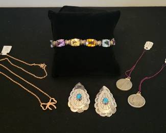 Antique silver mercury dime pendants, Navajo sterling silver turquoise earrings, multi stone bracelet 18k and sterling