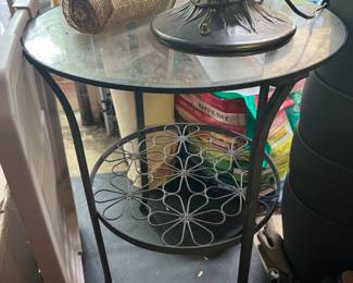 Cast iron metal flower side table with glass top