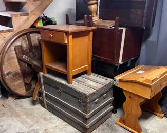 2 round dining tables, child's desk, nightstands, steamer trunk, and dark wood fold top desk