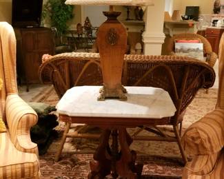 Basement, marble top table 