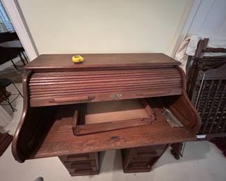 #72 Wood Antique Desk - Drawer needs repair w/cubbies & Roll Top - (needs care - as is) - 42x24x44 - Upstairs - you move (4 pieces) $75.00