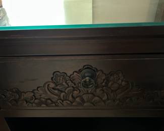 #24 Wood End Table w/Carved Flowers on Front w/1 drawer & 1 Shelf w/glass protect top - 24x18x28 $125.00