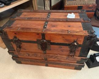#92 Antique Child Wood/Strap Restored Flat Top Steamer Trunk - 27Lx15.5Dx18H $100.00