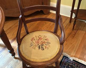 #9 Wood Round Seat Needlepoint Chair w/wood arms $35.00