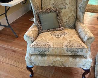 #3 Thomasville Wingback Chair upholstered w/Cream/Sage Green and Gold $100.00