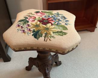 #42 Metal/Wood Base Stool w/Floral Needle Point Top w/nailhead trim (doesn't swivel) - 13.5x13x18 $100.00