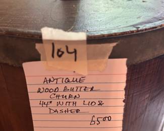 #104 Antique Wood Butter Churn 44" with lid & Dasher $65.00