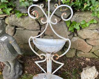 #241 white painted metal hose reel holder with planter $30.00
