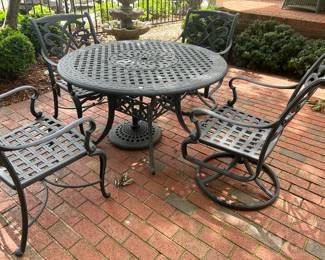 #112 Aluminum Round Table w/2 bouncy Chairs & 2 Straight Chairs w/umbrella Stand - 47x29 $175.00