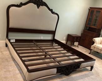 #134 Frontgate King Bedframe w/padded Headboard w/nailhead trim w/carved headboard/Footboard $1,000.00