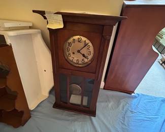 #64 Gunman Wood Recently Refurbished Wall Clock w/pendulum w/key - 1920s - 15x7.5x28 $120.00